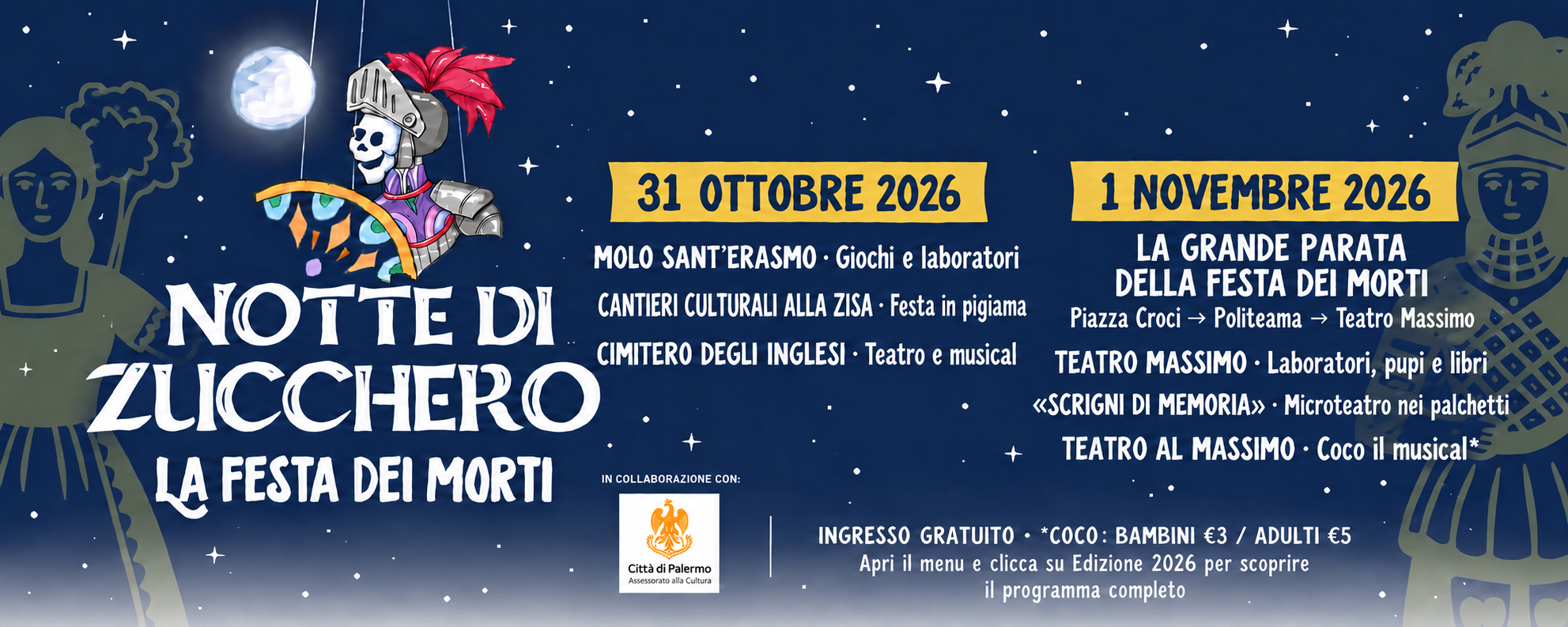 Notte di Zucchero a Palermo, 31 ottobre e 1 novembre 2026. Coco: bambini 3 euro, adulti 5 euro.